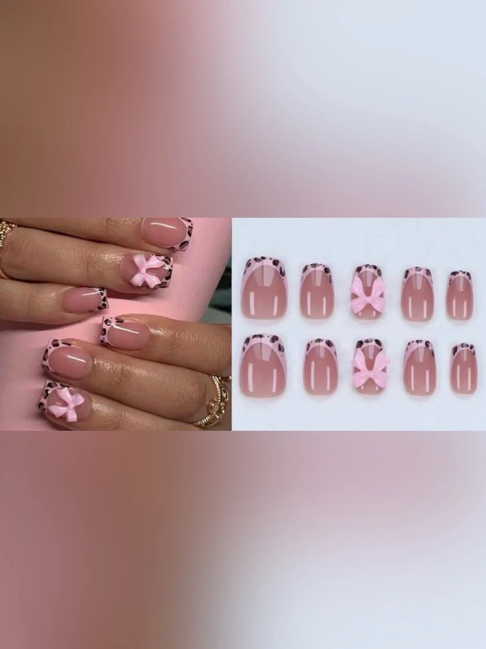 Pink Leopard Tip Press-On Nails with 3D Bows